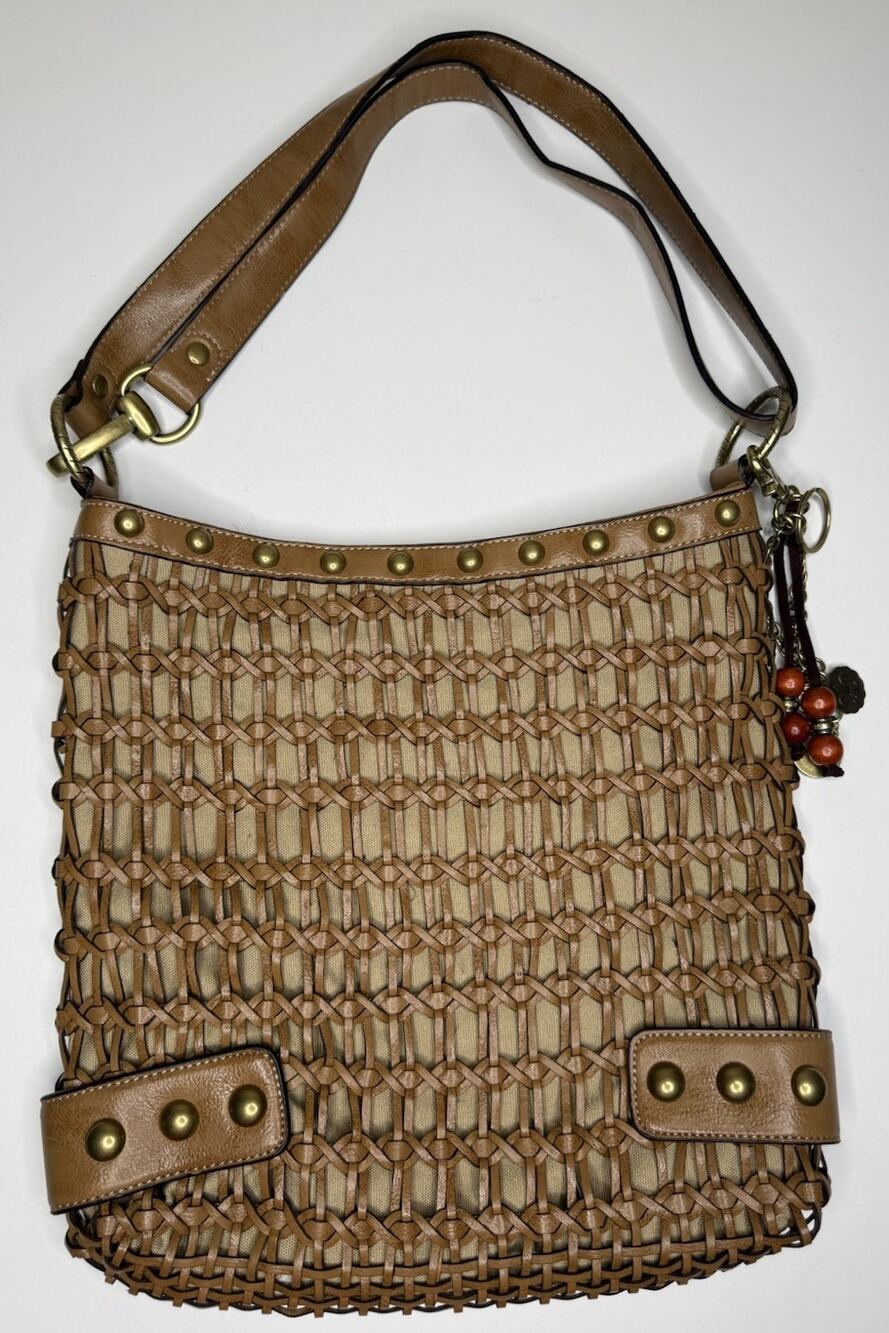 Kathy Van Zeeland Shoulder Bag Brown Woven Faux Leather Studded Top Zip Purse